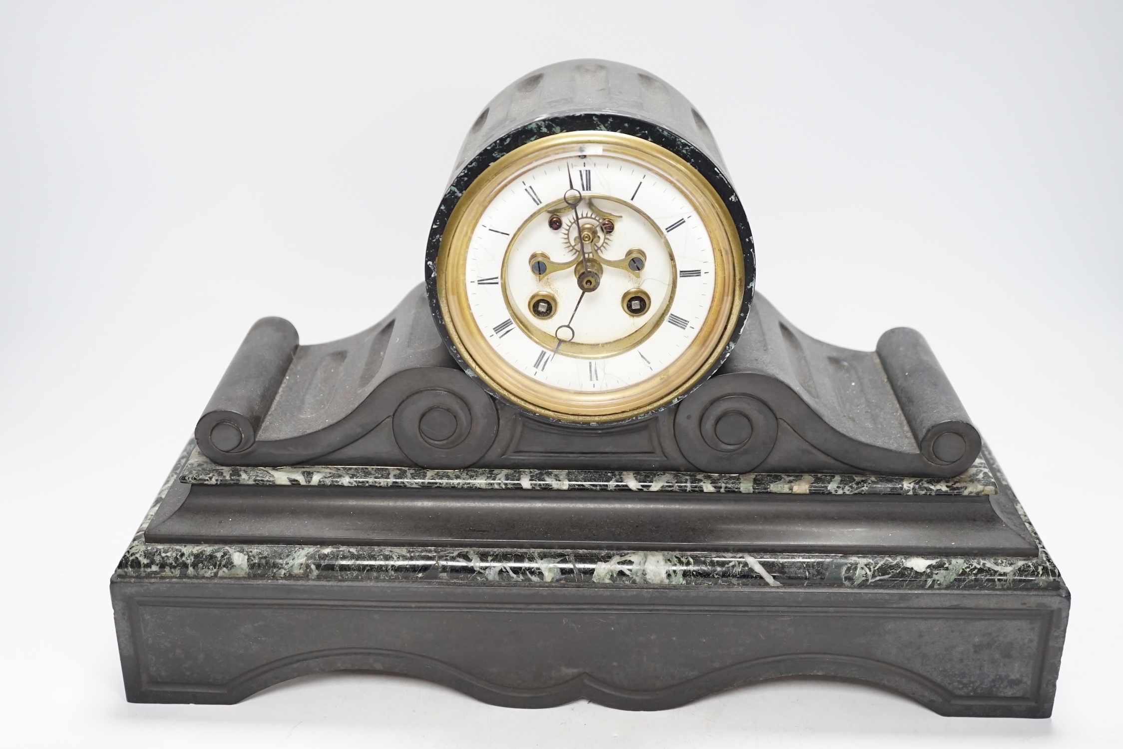 A Victorian slate mantel clock with visible Brocot escapement, pendulum, 40cm wide